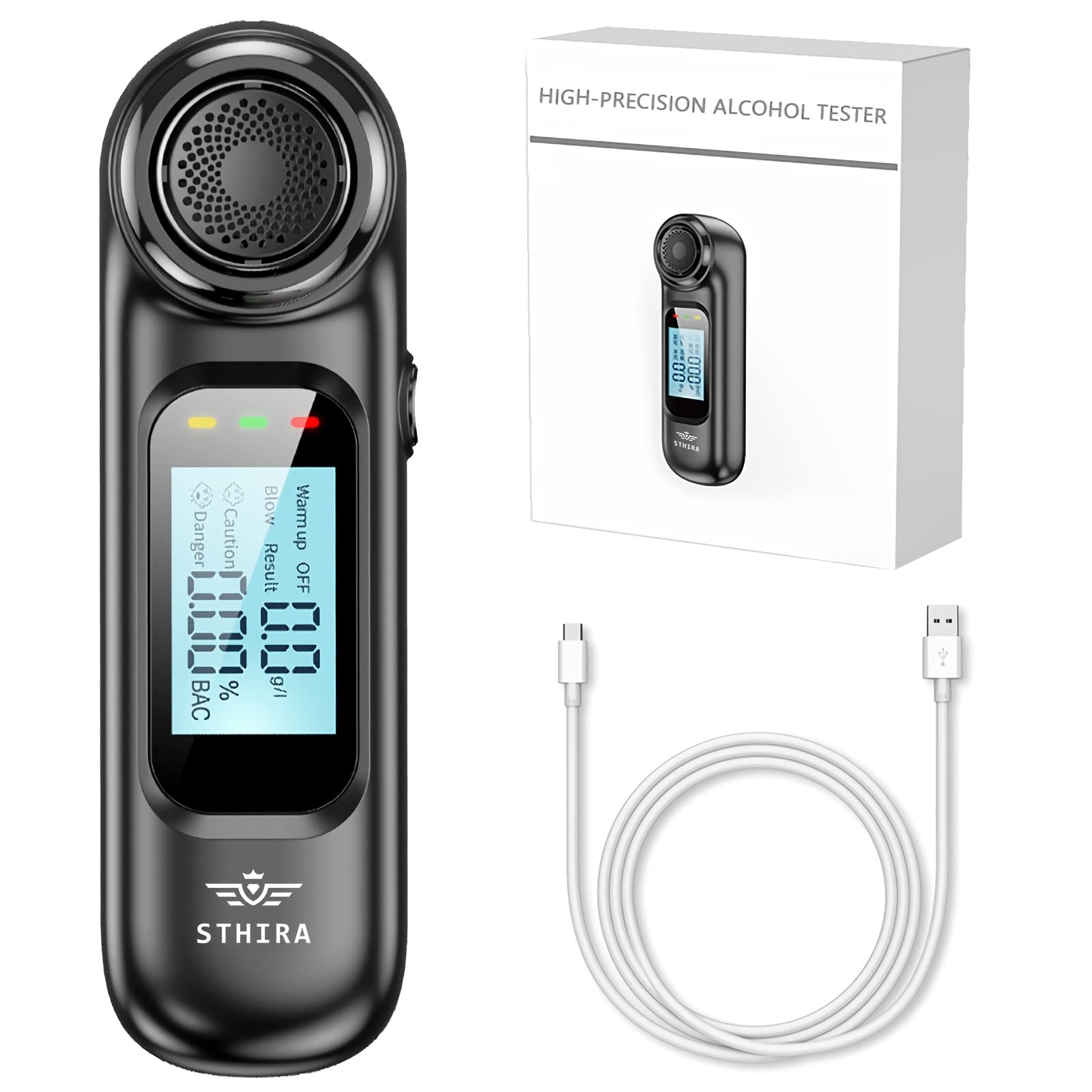 STHIRA Alcohol Tester Breathalyzer USB Rechargeable Portable Alcohol Testing Machine for Personal & Professional Use LCD Digital Display 0.00-0.19% BAC High Precision Breathalyser STHIRA Alcohol Tester Breathalyzer USB Rechargeable Portable Alcohol Testing Machine for Personal & Professional Use LCD Digital Display 0.00-0.19% BAC High Precision Breathalyser